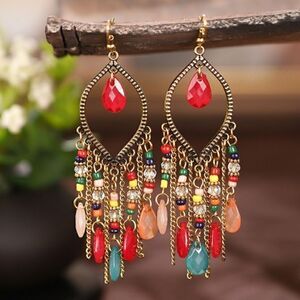 COLORFULLY BEADED DANGLING EARRINGS 